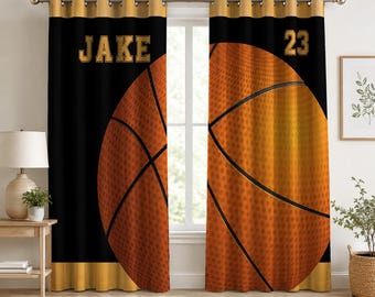 Juego de cortinas personalizadas con temática de baloncesto, decoración personalizada para habitaciones infantiles con temática de baloncesto, cortinas para ventanas de dormitorios infantiles.