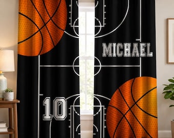 Cortina de baloncesto con nombre personalizado, cortinas personalizadas para ventanas, decoración de dormitorio infantil con temática de baloncesto.