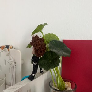 May include: A small, decorative figurine of a person with brown hair and a black outfit, standing on a white shelf. A small potted plant with green leaves is in a glass. The glass has the text "The Planet Detective".