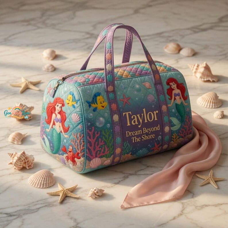 Personalized the Little Mermaid Ariel Duffel Bag, Custom Kids Overnight Bag, Quilted Under the Sea Tote, Mermaid Travel Bag, Girls Gift image 2