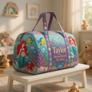 Personalized the Little Mermaid Ariel Duffel Bag, Custom Kids Overnight Bag, Quilted Under the Sea Tote, Mermaid Travel Bag, Girls Gift image 3