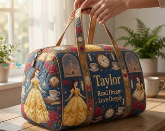 Personalized Beauty and the Beast Belle Duffle Bag, Custom Travel Gear, Quilted Weekend Holdall, Princess Overnight Luggage, Gift for Her