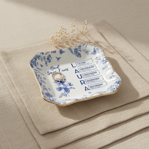 Personalized Christian Name Jewelry Dish With Bible Verses, Custom Scripture Gift for Women, God Says I Am Toile De Jouy, Religious Gift