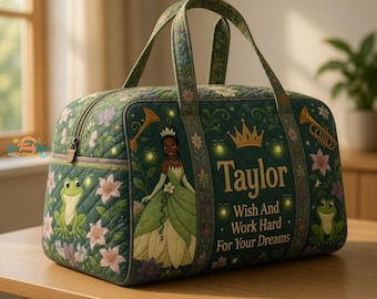 Personalized Princess and the Frog Duffel Bag, Tiana Quilted Weekender, Custom Overnight Bag for Girls,  Princess Travel Luggage