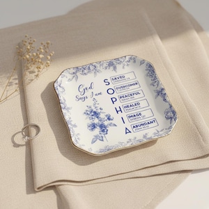 God Says I Am Custom Name Jewelry Dish, Bible Verse Toile De Jouy Ring Dish, Daughter Personalized Trinket Dish Gift, Christian Gift For Her
