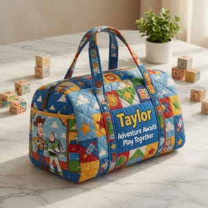 Personalized Toy Story Duffel Bag, Buzz and Woody Overnight Bag, Custom Kids Travel Bag, Toy Story Toddler Weekender, Gift for Boys image 2