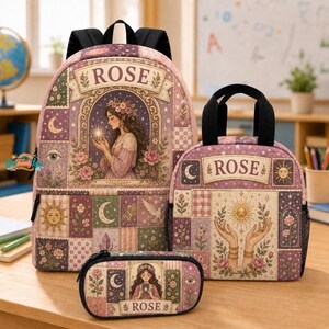 Custom Name Tarrot Card Backpack Set, Personalized Boho School Bag, Patchwork Lunch Box, Gift for Girls