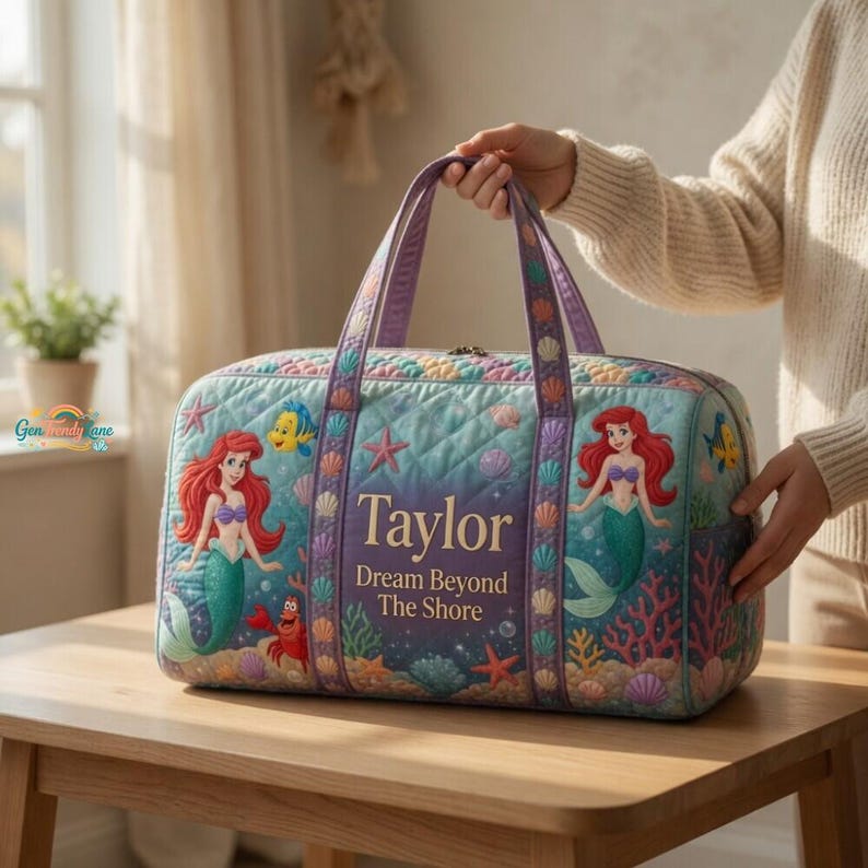 Personalized the Little Mermaid Ariel Duffel Bag, Custom Kids Overnight Bag, Quilted Under the Sea Tote, Mermaid Travel Bag, Girls Gift image 1