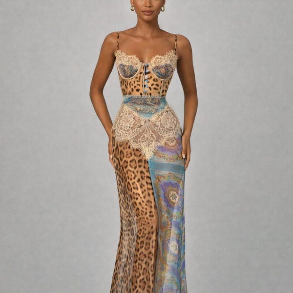 Leopard Print Lace Split Maxi Dress for Women