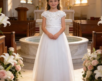 Personalized White 1st Communion Dresses for Girls |Holy Communion Dress|Baptism Gown | Tulle Flower Girl Dresses  |Junior Bridesmaid Dress
