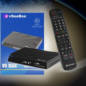 May include: Image of a black V6 MAX smart media player with a remote control. The box has a wavy design and a digital display. The remote is black with multiple buttons. The image also includes the text "2025 V6 MAX" and features like Android 14.0.