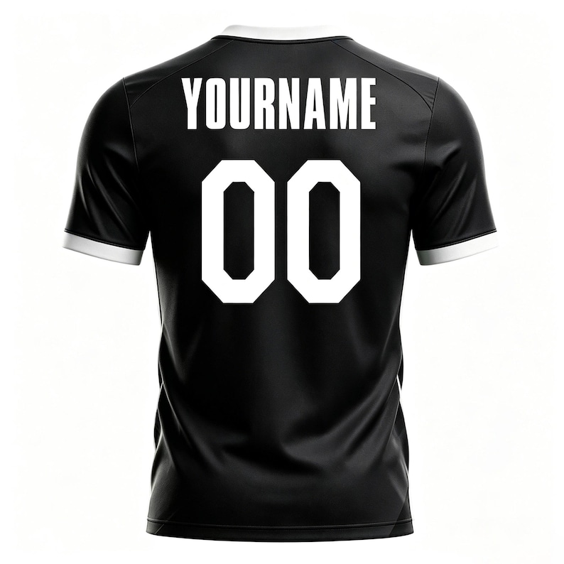 May include: Black athletic jersey with white trim on the collar and sleeves. The back of the jersey displays the name "YOURNAME" above the number "00" in white, block lettering. The jersey is a solid black color.
