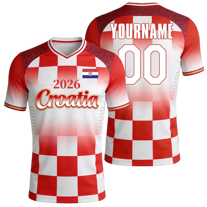 May include: A red and white chequered football shirt with the text "2026 Croatia" and the Croatian flag on the front. The back of the shirt has the text "YOURNAME" above the number "00". The shirt has red sleeves with gold trim.