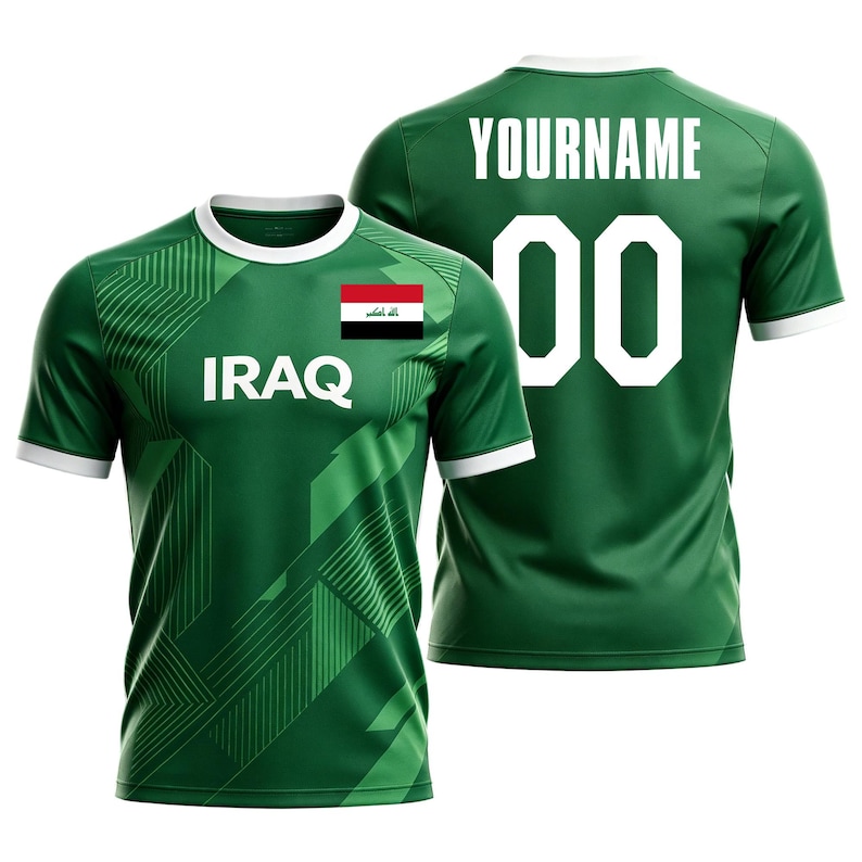 May include: Green soccer jersey with white accents, featuring the word "IRAQ" and the Iraqi flag on the front. The back displays the word "YOURNAME" and the number "00" in white. The jersey has a geometric design.