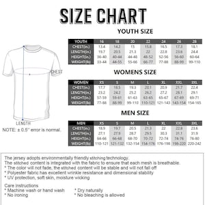 May include: Size chart for youth, women's, and men's sizes, with chest, length, height, and weight measurements in inches and pounds. Includes care instructions and fabric details. The jersey adopts environmentally friendly stitching technology.