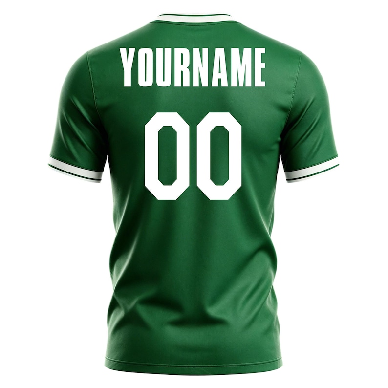 May include: Green athletic jersey with white trim on the collar and sleeves. The back of the jersey displays the text "YOURNAME" above the number "00" in white block letters. The jersey is made of a smooth, athletic fabric.