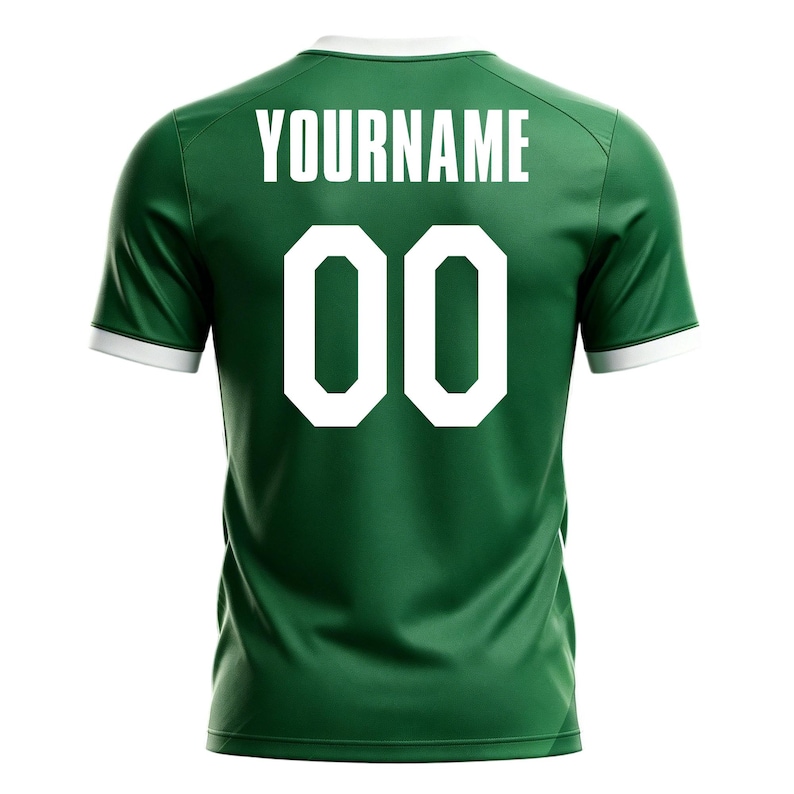 May include: Green athletic jersey with white trim on the collar and sleeves. The back of the jersey displays the word "YOURNAME" above the number "00" in white block letters. The jersey is made of a smooth, athletic fabric.