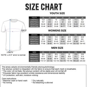 May include: A white t-shirt size chart with youth, women's, and men's sizes. Measurements are in inches and pounds. Includes chest, length, height, and weight details for each size, along with care instructions.