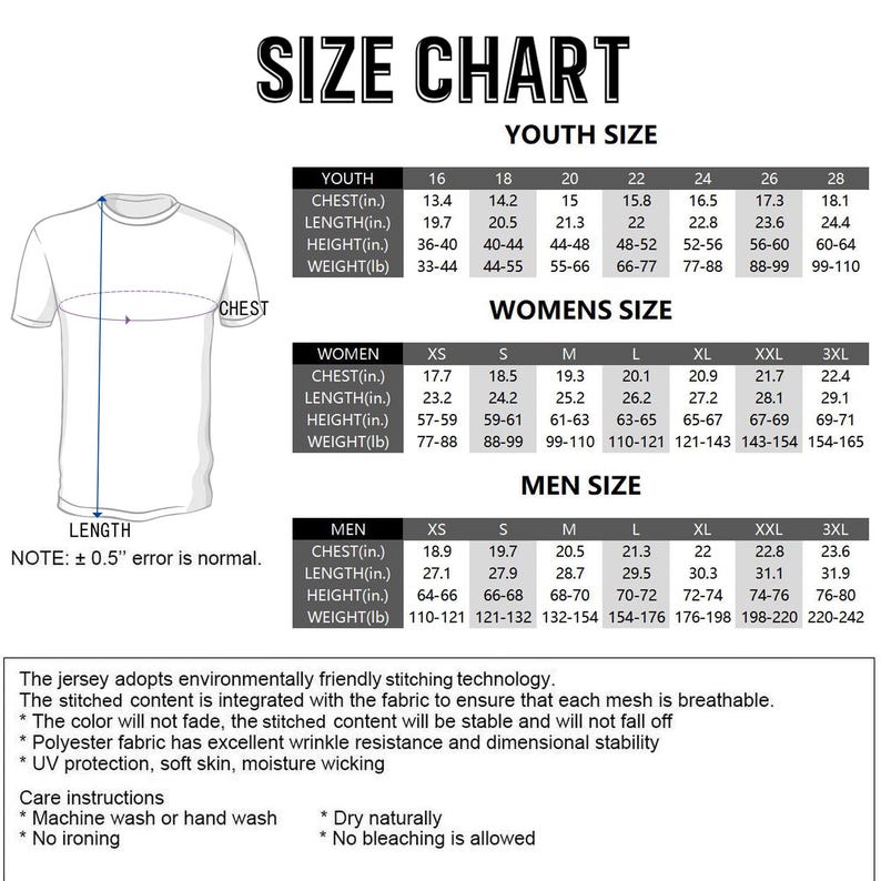 May include: A white t-shirt size chart with youth, women's, and men's sizes. Measurements are in inches and pounds. Includes chest, length, height, and weight details for each size, along with care instructions.