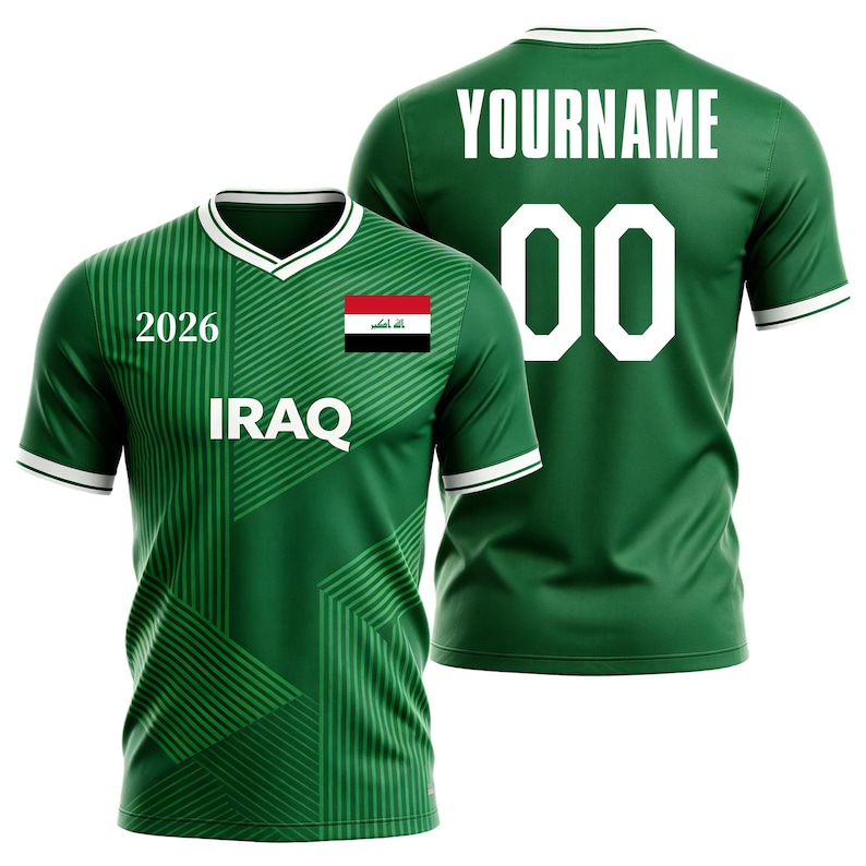 May include: Green soccer jersey with white accents, featuring the text "2026" and "IRAQ" on the front, along with the Iraqi flag. The back displays "YOURNAME" and the number "00" in white.
