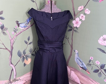 1950s Navy Taffeta Corded Cocktail Dress