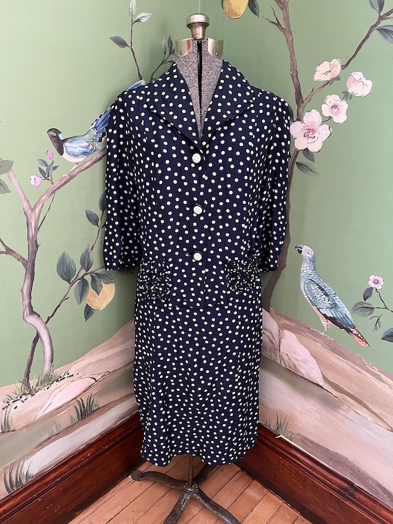 1940s Navy and White Rayon Polka Dot Suit