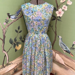1960s Pastel Floral Pink, Periwinkle, Teal and Green Cotton Sleeveless Dress with Pleated skirt