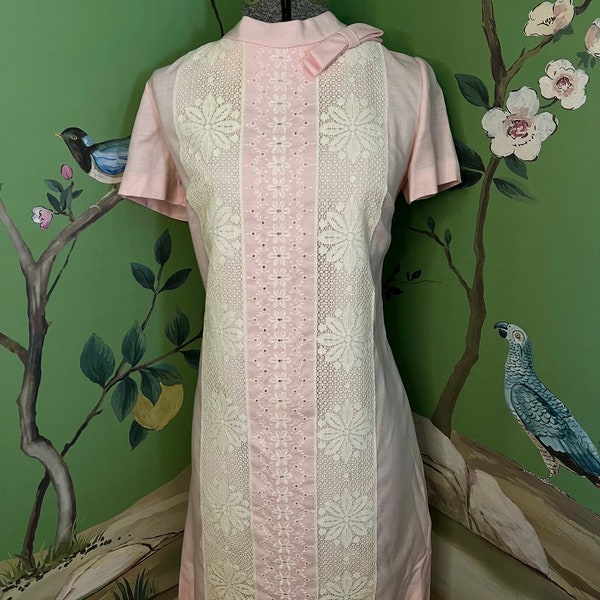 1960s Light Pink and White with Lace Linen Cotton Sheath Dress