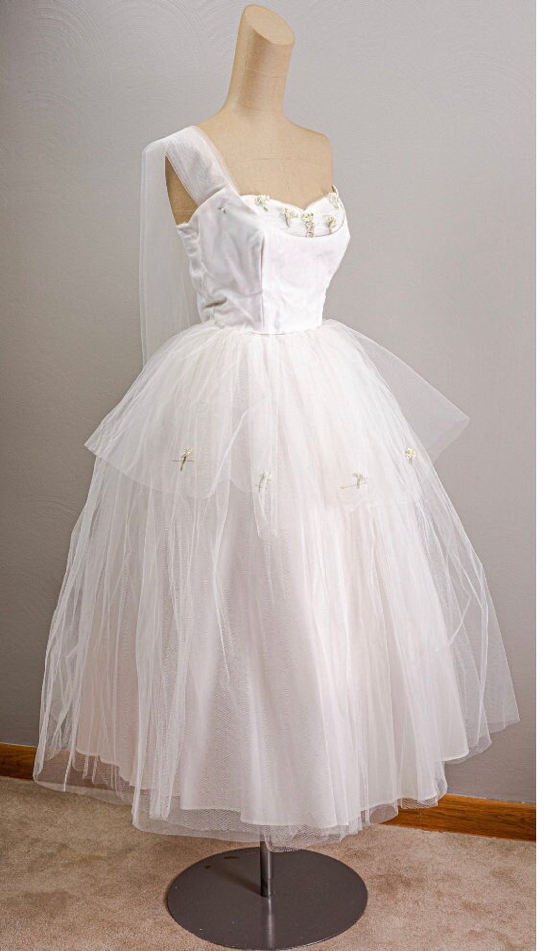 1950s White Tulle Tea Length Dress With Lily of the Valley Etsy