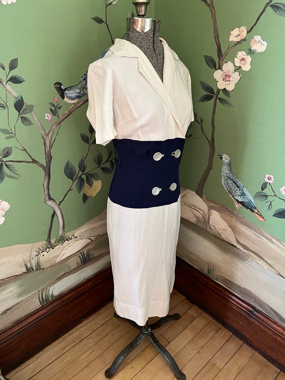 1940s White and Navy Color Block Linen, Double Br… - image 3