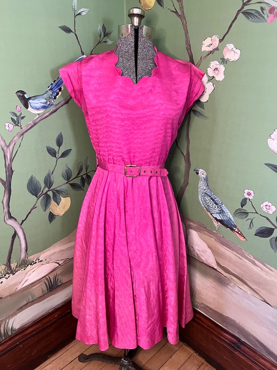 1950s Bright Barbie Pink Taffeta Dress with Scallo