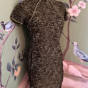 1940s Rayon Chongsam, Green, Brown, Black and White Abstract lines, Qipao, Wong Kar Wai style