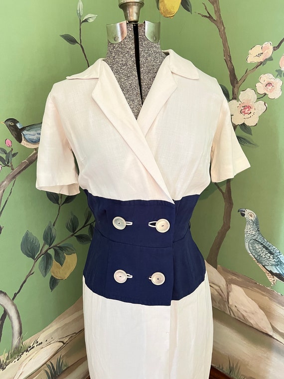 1940s White and Navy Color Block Linen, Double Br… - image 2