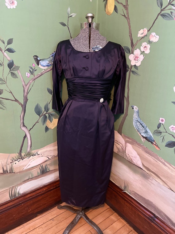 1960s Navy Satin Wiggle Cocktail Dress