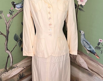 1940s Ivory Suit with Top Stitching and Tulip Pockets, Celanese Acetate Fabric