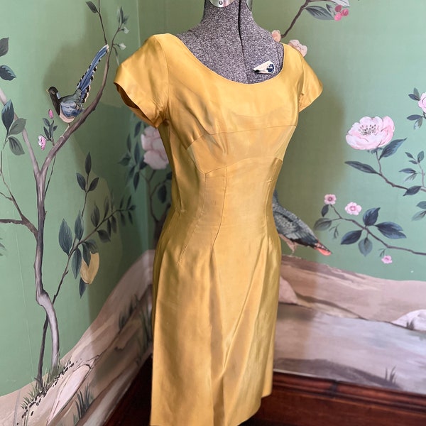 1960s Golden Silk Wiggle Cocktail Dress, MOD, Mad Men