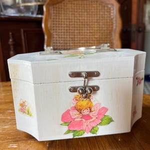 1960s White with Retro Hippie Flower Fairies Decoupage Wooden Box Purse with silver handle