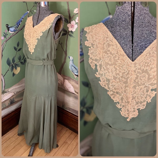 1930s/late 1920s Soft Sage Green Georgette sheer overlay and cream Lace dress