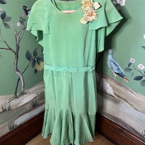 1930s Seafoam Green/Light Aqua Crepe Dress with attached Cape, late 1920s flapper