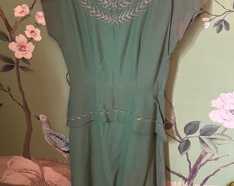 1940s Forest Green Rayon Peplum dress with Soutache trim
