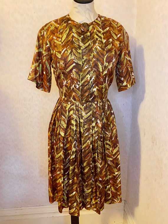 Abstract Leaf Print Acetate 1950s dress