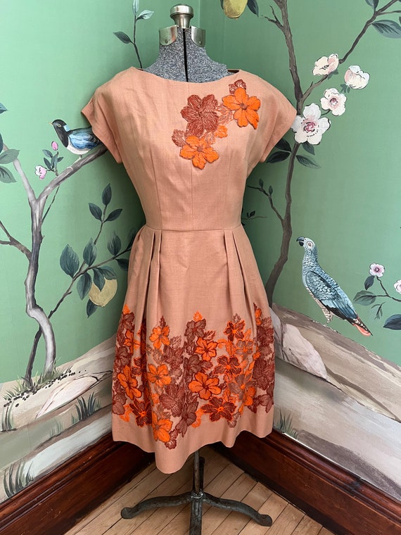1960s Tan Fall Autumn Floral embroidered dress