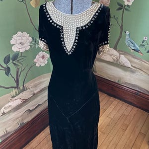 1930s Black Silk Velvet Bias Cut Gown with mother of pearls bead details