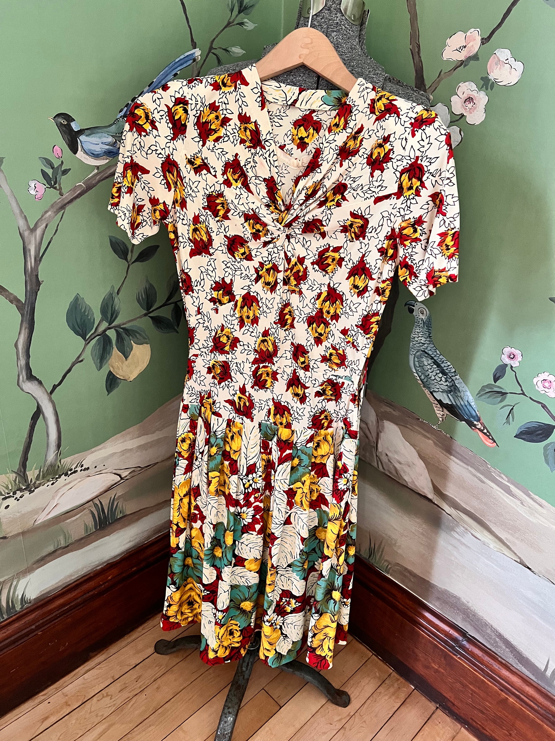 1940s Rayon Jersey Fall Colored Floral Dress with Pleats, Red, Gold, Teal on White
