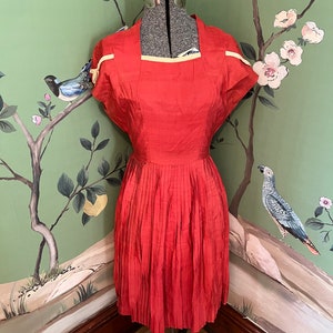 1940s/Early50s Raspberry Red Silk Cotton with Cream Trim Day Dress