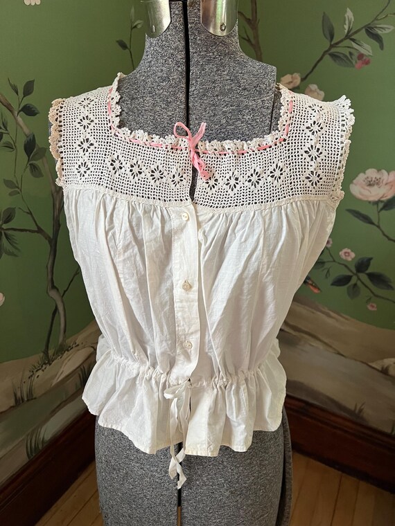 1900s-1910s Cotton Corset Cover With Crochet Lace and Drawstring 