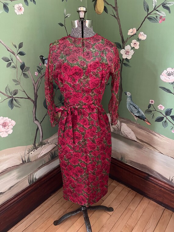 sachin and babi light blue dress 1960s Fuchsia Pink Rose Print Chiffon Wiggle Dress, Sheer Top With Under  Slip