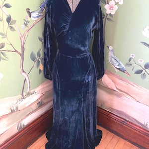 1930s Royal Blue Silk Velvet Bias Cut Bell Sleeved evening Wrap Gown