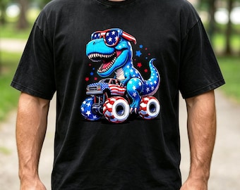 4th Of July Patriotic T-Rex Monster Truck Shirt, Cool USA Flag Dinosaur Sunglasses Tee, Kids Independence Day Red White Blue T-Rex Shirt