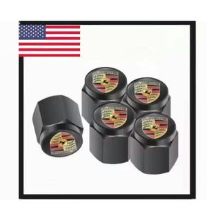 Porsche Aluminum Black Valve Stem Caps with Colored Crest Set-universal fit-5 Pcs
